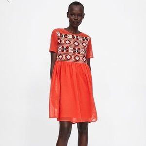 Zara Red/Orange Embroidered Mesh Short Sleeve Babydoll Dress Womens Small